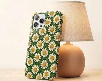 Funda resistente con diseño de margaritas vintage, funda brillante con estampado floral para teléfono, funda con estampado de flores, regalo estético de estilo cottagecore verde, funda protectora de doble capa.