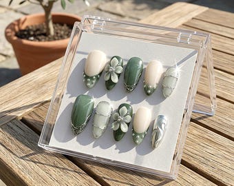 Uñas postizas verde salvia con diseño floral 3D / Uñas de moda para primavera y verano / Uñas de gel románticas con flores 3D / Diseño de uñas estético y natural