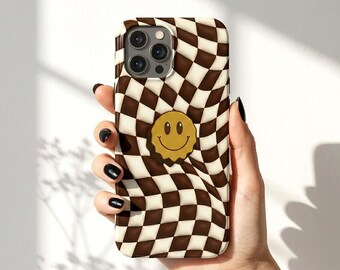 Brown Wavy Checkerboard Phone Case Retro Smiley Face Tough Cover Glossy Plaid Phone Case Aesthetic Y2K Phone Protector Cute Gift For Her
