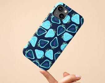 Blue Strawberry Tough Phone Case, Glossy Protective Cover, Cute Fruit Print Durable Case, Aesthetic Artistic Phone Shell, Gift For Her