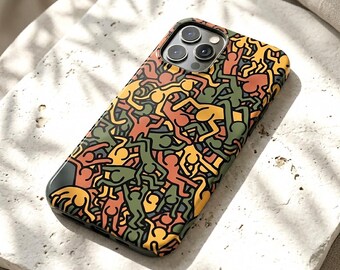 Abstract Art Tough Phone Case Glossy Finish Retro People Pattern Cover Dual Layer Protective Phone Shell Trendy Aesthetic Gift For Her
