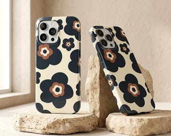 Funda resistente para teléfono Boho Flower con acabado brillante, diseño floral minimalista, estética vintage de los años 70, carcasa resistente a golpes, color crema.