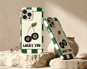 Lucky You Cherry Phone Case Glossy Tough Cover Green Checkered Phone Case Retro 8 Ball Cherry Phone Case Aesthetic Cute Gift for Her