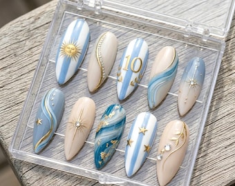 Blue and White Stripes Press on Nails | Luxury Gold Sun Fake Nails | Long Stiletto Glue on Nails | Elegant Celestial False Nails Kit