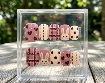 Uñas postizas con diseño de conejito adorable / Uñas postizas con corazón a cuadros / Uñas coquetas personalizadas para pegar / Uñas cuadradas medianas / Regalo de uñas postizas kawaii
