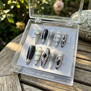 Iridescent Opal Press on Nails | Long Stiletto Fake Nails | Gothic Black and Grey Ombre Nail Box | Trendy Y2K Gothic Nail Art Set