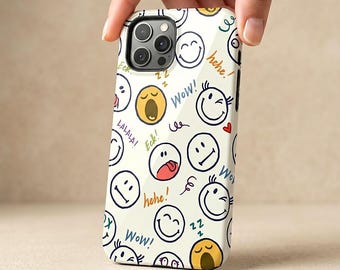 Cute Smiley Face Tough Phone Case Glossy Aesthetic Doodle Expression Protective Phone Cover Trendy Smiley Pattern Shockproof Phone Shell