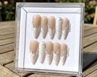 Floral Lace Wedding Press on Nails | Sophisticated Pearl White Press on Nails | White Lace Embossed Bridal Nails | Gift for Bride