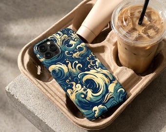 Funda para teléfono con diseño abstracto de olas marinas, brillante, resistente, protectora, estética vintage, estampado en verde azulado y dorado, moderna, a prueba de golpes.