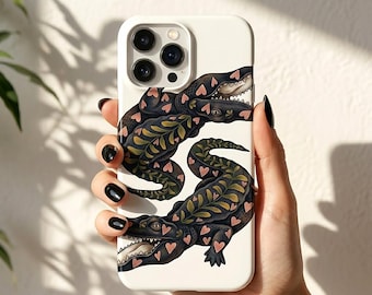 Funda para teléfono Cottagecore Alligator, funda resistente de cocodrilo vintage, funda brillante con forma de corazón, funda para teléfono con diseño de animal caprichoso, regalo para ella.