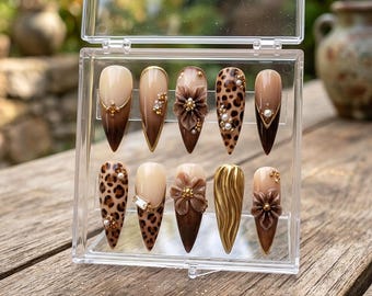 Uñas postizas de leopardo marrón / Uñas postizas largas de estilo stiletto con flores 3D / Uñas postizas de lujo con detalles dorados / Set de uñas postizas hechas a mano