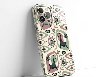 Mid Century Modern Phone Case | Tough Glossy Protective Cover | Retro Atomic Cat Starburst Design | Durable Cute Vintage Aesthetic Gift
