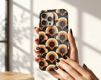 Funda para teléfono resistente con estampado floral retro de los años 70, cubierta brillante con diseño geométrico de flores, bonita estética vintage, carcasa protectora para teléfono, estilo moderno de mediados de siglo.
