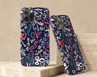 Funda resistente para teléfono con tipografía graffiti, cubierta brillante con palabras abstractas estéticas, protector de teléfono con cita inspiradora, funda para teléfono con arte de corazón
