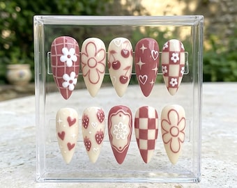Pink Floral Press on Nails Long Stiletto | Cute Coquette False Nails | Cherry Strawberry Glue on Nails | Trendy Checkerboard Nail Box