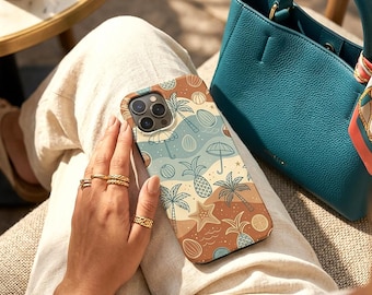 Funda resistente de verano estilo retro / Funda vintage para teléfono con acabado brillante y diseño de playa / Funda protectora con diseño estético de palmera, coco y estrella de mar / Regalo ideal para ella.