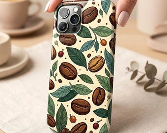 Funda resistente para teléfono con diseño de grano de café, acabado brillante, estética botánica, funda para teléfono, regalo ideal para amantes del café, protectora a prueba de golpes, carcasa personalizada para dispositivo.