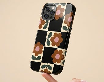 Retro Floral Checkerboard Phone Case, Glossy Tough Cover, Cute Vintage Flower Phone Protector, Aesthetic Checkered Grid Case Gift for Her