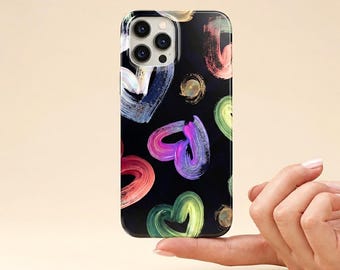 Colorful Heart Tough Phone Case Glossy Artistic Abstract Painting Cover Protective Shockproof Mobile Case Cute Birthday Gift For Her