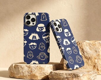 Abstract Line Art Tough Case, Navy Glossy Phone Cover, Unique Face Doodle Design, Durable Protective Case, Aesthetic Artsy Case