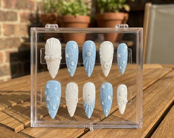Uñas postizas 3D hechas a mano con diseño de gotas de agua / Uñas postizas de lujo con perlas oceánicas / Elegante set de regalo para novias / Uñas de lujo con detalles de perlas