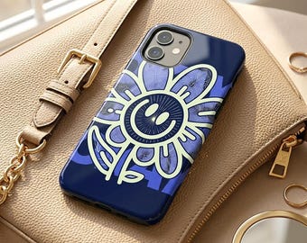 Funda para teléfono con girasol y carita sonriente, cubierta resistente brillante, carcasa de flores estilo indie, funda de mandala azul de doble capa, regalo moderno.