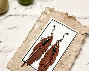 Hypoallergenic Whiskey Leather Feather Earrings | Copper Wire Wrapped Turquoise Earrings | Free Recycled Paper Card