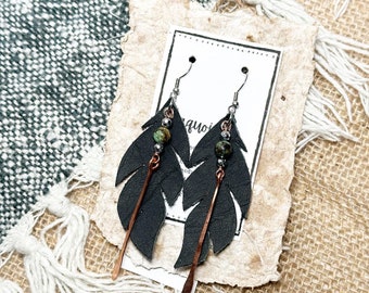 Hypoallergenic Charcoal/Black Leather Feather Earrings | Copper Wire Wrapped Turquoise Earrings | Free Recycled Paper Card