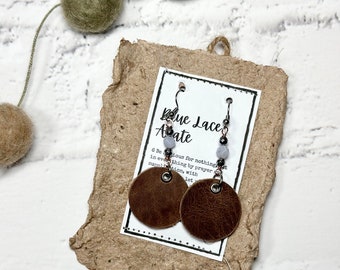 Hypoallergenic Distressed Brown Leather Dot Earrings | Copper Wire Wrapped  Blue Lace Agate Earrings | Free Recycled Paper Card