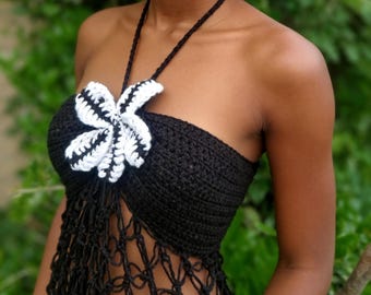Handmade Crochet Halter Top with Flower Detail | Black Cotton Mesh Summer Top | Boho Beachwear XS - L | Festival Crochet Crop Top