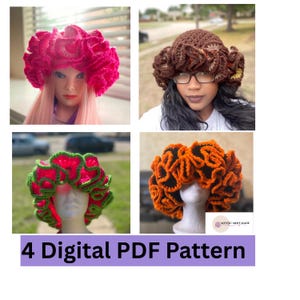May include: Four crochet hat patterns in various colors: hot pink, brown, red and green, and orange. The hats have a ruffled design. The image includes the text "4 Digital PDF Pattern".