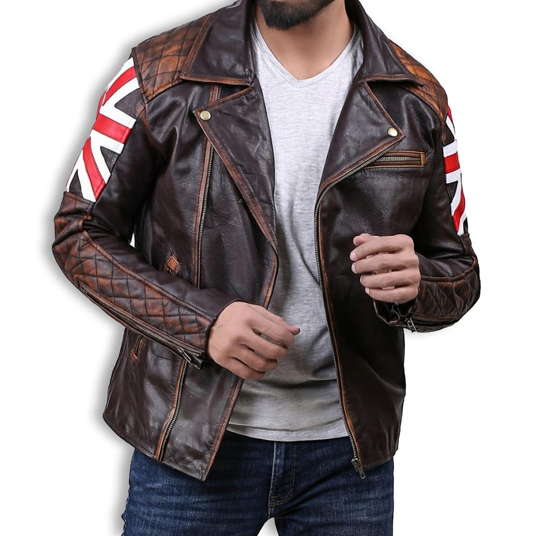 Men's Distressed Leather Cafe Racer Jacket, UK Flag Biker Coat - Etsy