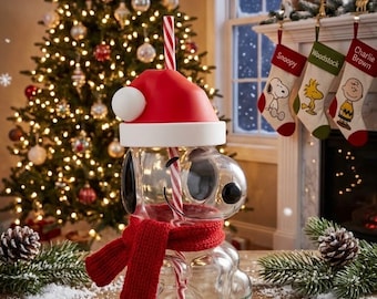 Starbucks Snoopy Christmas Custom Hat Topper Edition - Red and White Santa hat topper ! Free Straw!