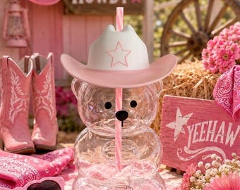 Starbucks Bearista Western Edition - Pink / White - With Star - Western Hat Topper! Free Straw!