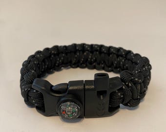 Reflective Black Paracord Survival Bracelet, Fire Starter, Compass, Whistle (Custom Made for You!)