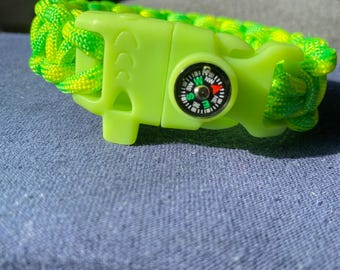 High Visibility Paracord Safety Bracelet with Glow-In-The-Dark Buckle, Compass and Rescue Whistle