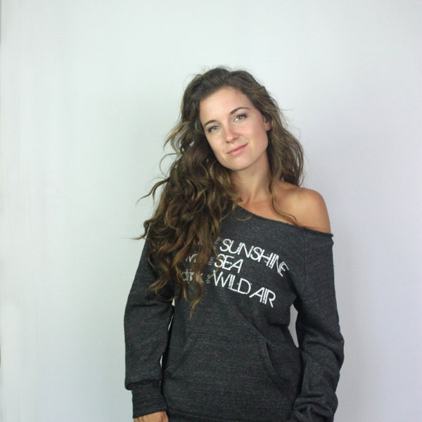 Eco-friendly off the shoulder sweater in Eco-black, Inspirational Ralph Waldo Emerson quote