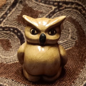 May include: A small, ceramic owl figurine with a tan glaze. The owl has large, black eyes, a black beak, and a stern expression. The figurine is sitting on a patterned brown surface.