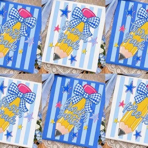 May include: A collection of six rectangular signs featuring a yellow pencil illustration with a pink eraser and a blue and white gingham bow. Each sign displays a grade level in cursive text, including first grade, second grade, third grade, fourth grade, kindergarten, and pre-k, set against blue and white striped backgrounds with small star accents.