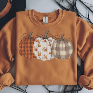 Peut inclure: Un sweat-shirt à col rond orange brûlé orné d'un motif représentant trois citrouilles. La citrouille de gauche présente un motif à carreaux orange, celle du centre est blanche avec un imprimé floral, et celle de droite est à carreaux beige et marron.