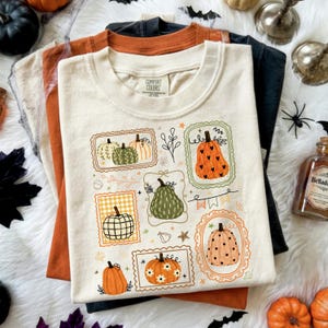 Könnte beinhalten: Ein cremefarbenes Kurzarm-T-Shirt mit einem Grafikdruck verschiedener Kürbisse in dekorativen Rahmen. Die Kürbisse sind in Orange, Grün und Weiß illustriert, mit Mustern wie Herzen, Punkten und Vichy-Karos. Das T-Shirt hat ein Comfort Colors-Etikett.