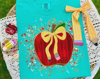 Painted Apple Splatter Coquette Apple DTF Transfer, Ready to press, Teacher Tshirt transfers, Back To School