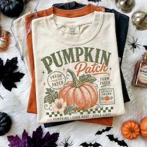 May include: A cream-colored t-shirt featuring a graphic of an orange pumpkin with green leaves. The text reads PUMPKIN Patch, FRESH FROM THE PATCH, FARM FRESH, LOCALLY GROWN, AUTUMN PICKED, PUMPKINS, CORN MAZE, and APPLE CIDER. The shirt has a crew neck.