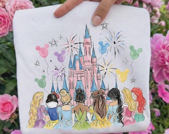 Akvarellprinsessor, tryckklara DTF, magiska kungariket prinsessa DTF överföring, familjesemester DTF tryck, Disney prinsessa slott stryk-på