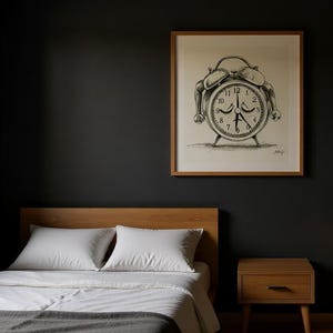 May include: A framed black and white illustration of a vintage alarm clock with a whimsical face hangs above a bed. The artwork is in a wooden frame. The bedroom features a wooden bed frame, white bedding, and a wooden nightstand.