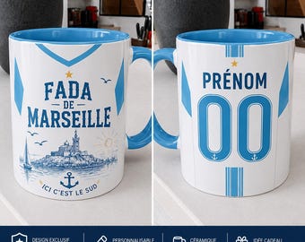 Mug Marseille Personnalisé Prénom et Numéro - Tasse Supporter Sud Esprit Maillot, Cadeau Homme Marseillais, Cadeau Papa Fada