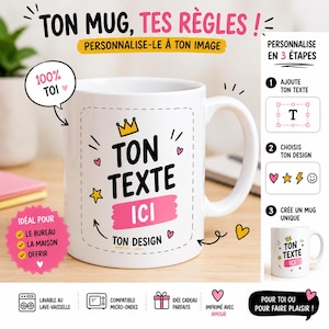 Peut inclure: Un mug en céramique blanc avec une zone de personnalisation comprenant une couronne jaune, le texte noir TON TEXTE ICI, ainsi que des petits cœurs roses et des étoiles jaunes. Le mug est présenté avec des instructions et des icônes.