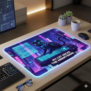 May include: A rectangular mouse mat with a futuristic design. It features a black cat with green eyes and glowing blue accents. The mat has a neon blue border and the text "MY CAT HACKS THE MAINFRAME".
