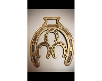 Brass Horse Medallion Antique English Horseshoe Good Luck Hoof Harness Racing