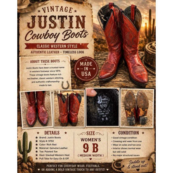 Justin Boots Vintage Womens Size 9 B Red Western Snip Toe Cowboy Concert Rare